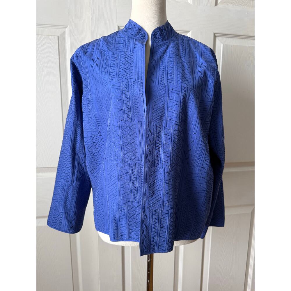 Chicos Sapphire‎ Blue Embroidered Silk Open Front Jacket Size 1 | Wearable Art